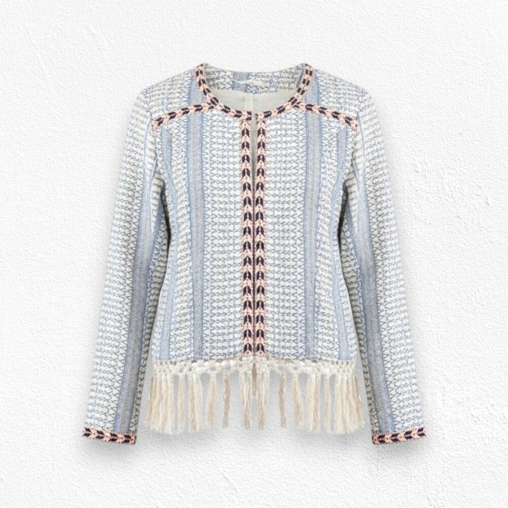 Tularosa Blue White Woven Embroidered Boho Fringe Jacket Open Blazer Size Medium